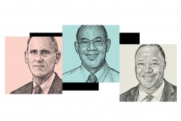 Back and white etching type drawings of 3 headshots. From left, Michael Garland, a New York City assistant comptroller; John W. Rogers Jr., founder of Ariel Investments; and Dale Jones, CEO of Diversified Search Group.