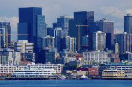 The Seattle downtown skyline, as seen from the Puget Sound. (GeekWire Photo / Nat Levy)